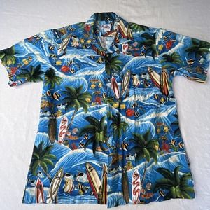 Hawaii Tag Hawaiian Surf shirt size L Made In Hawaii Blue Colorful Fish Surf